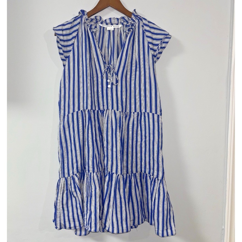 Veronica Beard Zee 100% Cotton Blue White Striped Tiered Mini Dress Size 8